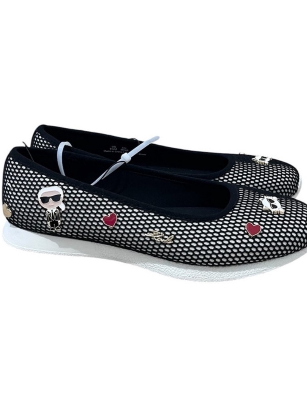 Karl Lagerfeld Black & White Mesh Slip-On Flats with Enamel Charms Size: 8 1/2